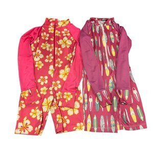 Girls UPF 50+ Long Sleeve Swimsuits With Floral & Surfboard Prints - Sizes 3 & 4